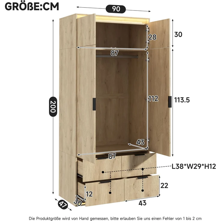 Garderoben-Set 180x47x200 cm mit LED, Spiegel, Sitzbank und 4 Schubladen – Bild 5