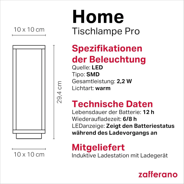 Zafferano, Home Pro Lampe, Wiederaufladbare und Kabellose Tischlampe mit Touch Control, Geeignet für den Innen- und Außenbereich, Dimmer, 3000 K, Höhe 29,4 cm, Farbe Weiß – Bild 5