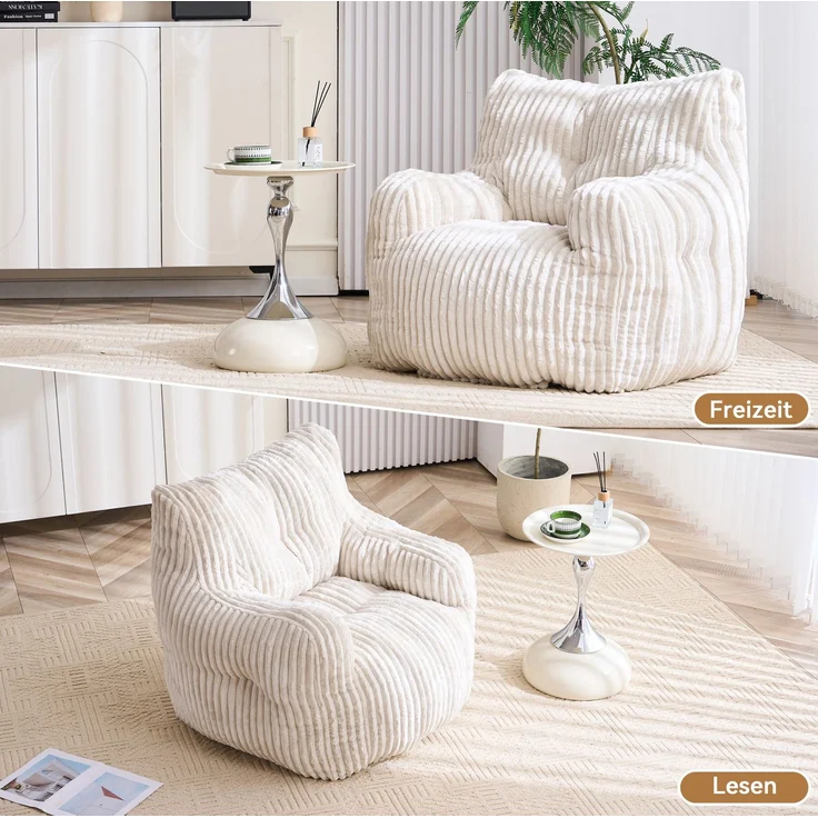 Sitzsack aus Cord mit Memory-Schaumstoff-Füllung, 100x94x70 cm, Beige – Bild 7