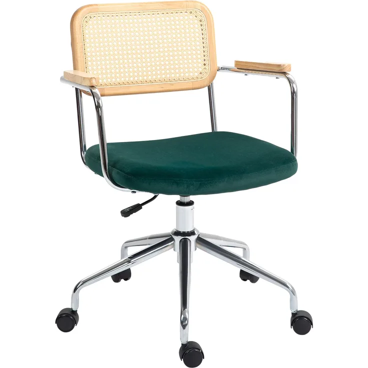 MELAYR, Bürostuhl, Boho-Design, Holzarmlehnen, drehbar, verstellbar, bis 120 kg, Stahl, Grün, 65 x 58 x 94 cm