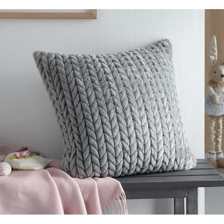 Kissenhülle "Zopfmuster" in grau, 45x45 cm, samtig weich, Kissenbezug mit Strickmuster, Zierkissenbezug – Bild 5