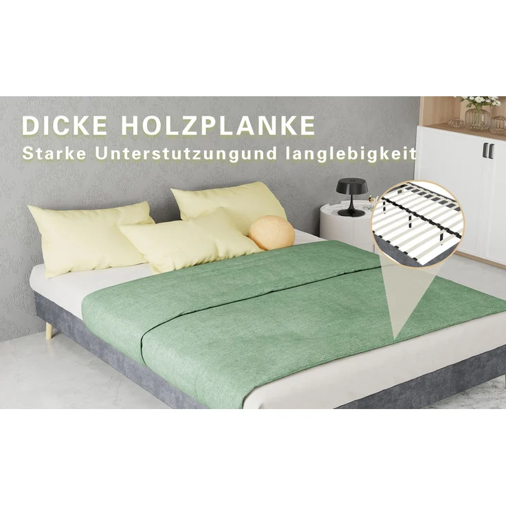Novelux Bettgestell 140x200 cm - Modernes Plattformbett aus Holz mit grauem Samtbezug, Ohne Kopfteil, Minimalistisches Design – Bild 8