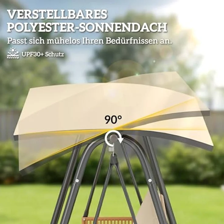 Outsunny Hollywoodschaukel mit verstellbar Sonnendach, abnehmbar Sitzauflage, 3-Sitzer, verstellbares Dach, Gartenschaukel, 1 tlg, Schaukelbank, 203 x 121 x 165 cm Sand – Bild 5