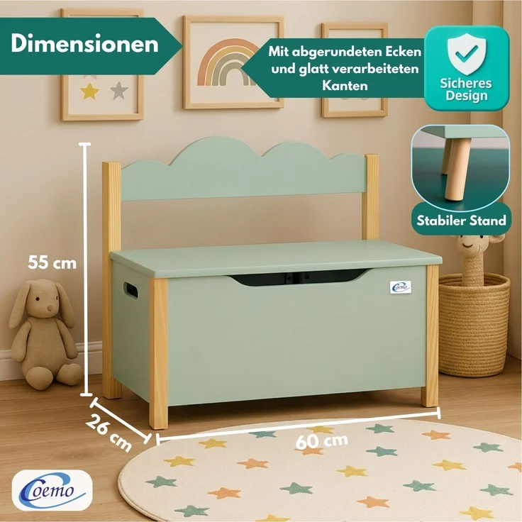 Coemo Truhe TRUDI mit Deckel Sitzbank für Kinder Spielzeugtruhe Mintgrün – Bild 4