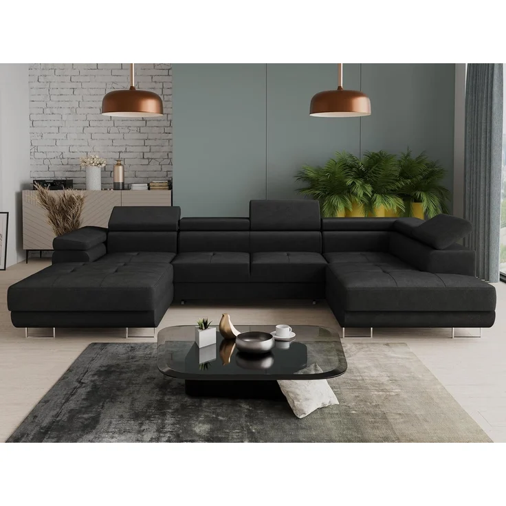 Wohnlandschaft Caris U mit Schlaffunktion, einstellbare Kopfstützen und zwei Bettkästen (Schwarz (Kronos 07), Ecksofa Links) – Bild 2