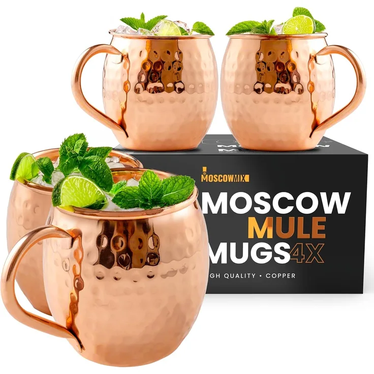 Moscow Mule Kupferbecher mit 4 Trinkhalmen und Schnapsglas Set von 4 handgefertigten, lebensmittelechten, reinen Kupferbechern Bonus Schnapsglas und 4 Kupfer Trinkhalme attraktive Box
