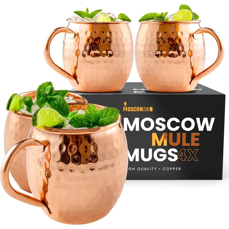 Moscow Mule Kupferbecher mit 4 Trinkhalmen und Schnapsglas Set von 4 handgefertigten, lebensmittelechten, reinen Kupferbechern Bonus Schnapsglas und 4 Kupfer Trinkhalme attraktive Box – Bild 1