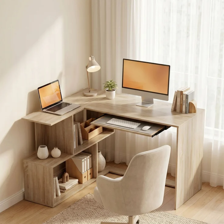 Eckschreibtisch, 120 x 100 x 76 cm, L-förmiger Computertisch mit Tastaturablage, 4 offene Fächer, natur – Bild 4