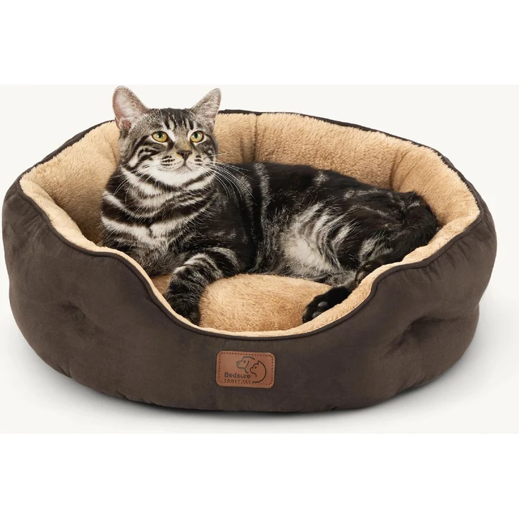 BEDSURE Katzenbett waschbar Katzen Bettchen - 51 x 48 x 15 cm Katzenbett mit zweiseitig Innenkissen Katzenschlafplatz für Katzen oder kleine Hunde, Braun