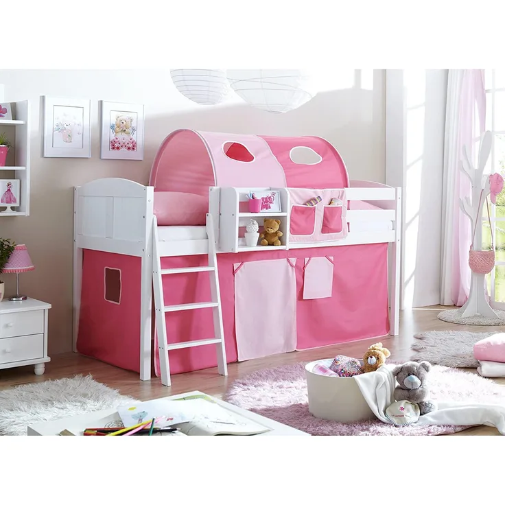 Ticaa Hochbett 'Maris' weiß, inkl. Vorhang Uni pink