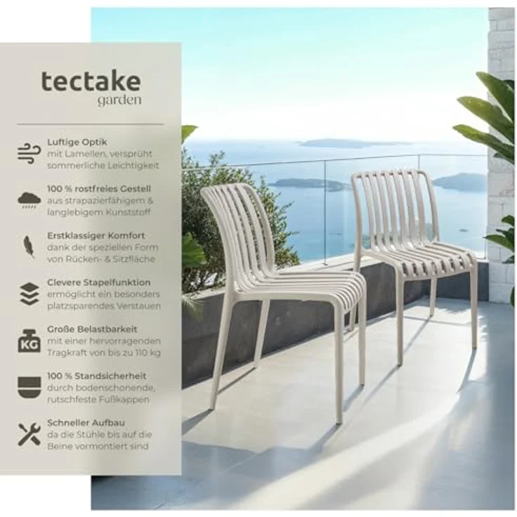 tectake Gartenstuhl Balkonstuhl, stapelbar, Belastbarkeit 110 kg, 47 x 58 x 80,5 cm (Terrassenstuhl Alcudia für Außen in Taupe, 2 St), wetterfest und UV-beständig, pflegeleicht, rutschfeste Gummischoner – Bild 5