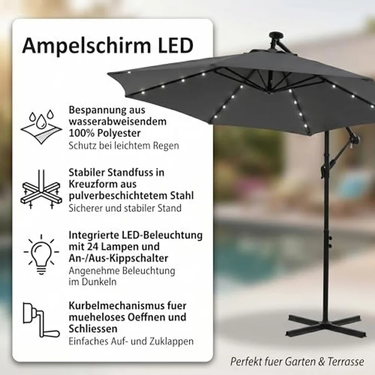 Terrassenschirm Grau Kurbelschirm 350 cm Ampelschirm LED Sonnenschutz Garten Gartenschirm Marktschirm Sonnenschirm Strandschirm 3,5 Meter Aufklappbar – Bild 2
