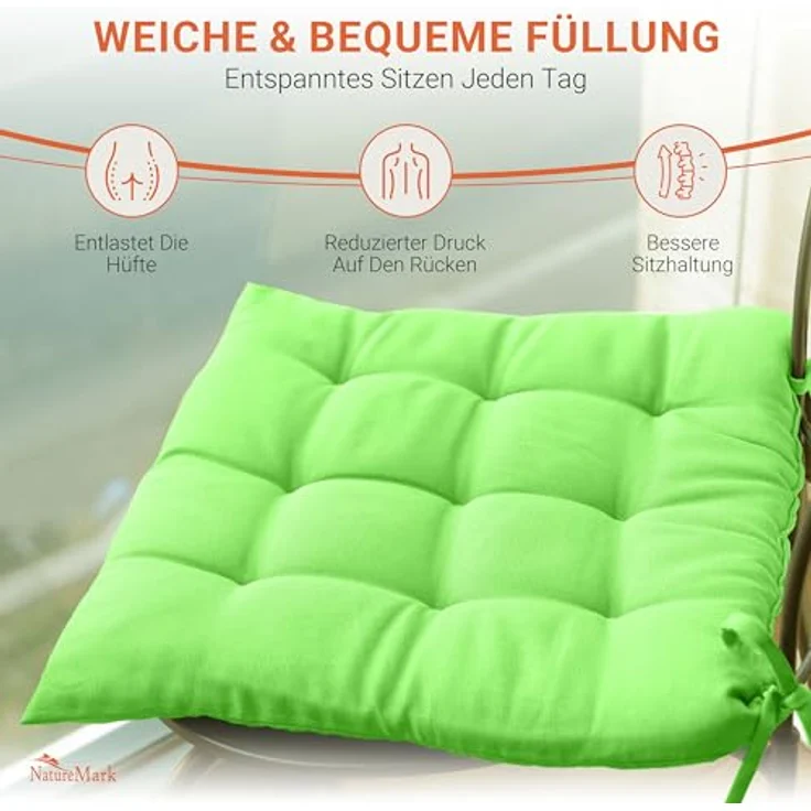 NatureMark 4er Set Stuhlkissen mit Bändern Gr. 40x40 cm Sitzkissen gefüllt, Apfel grün – Bild 6
