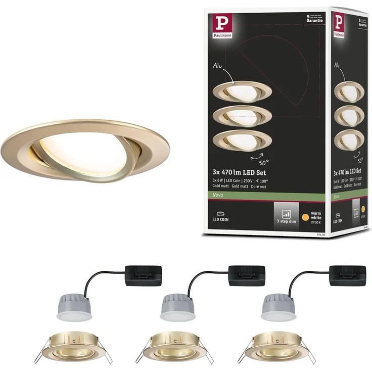 Paulmann 92406 Einbauleuchte LED Nova Coin 3er-Set schwenkbar 84mm gold 3-Step-Dim – Bild 1