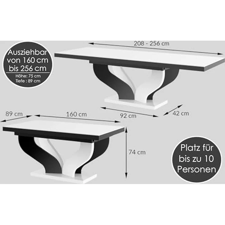 designimpex Esstisch Design Tisch HEB-222 Grau / Weiß Hochglanz ausziehbar 160 bis 256 cm – Bild 3