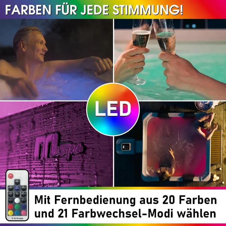BRAST Whirlpool 'MSpa Oslo', 160 x 160 x 65 cm, mit fester Außenwand, LED-Beleuchtung (20 Farben), für 6 Personen, 120 Massagedüsen, ganzjähriger Einsatz, winterfest, für Indoor & Outdoor – Bild 5