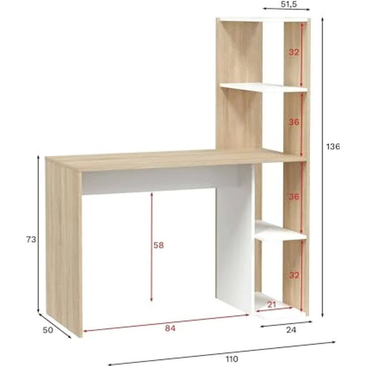 Dmora - Pittston Schreibtisch, linearer Schreibtisch mit Bücherregal, platzsparender Mehrzweck-Bürotisch, 110 x 52 x 136 cm, Weiß und Eiche – Bild 3