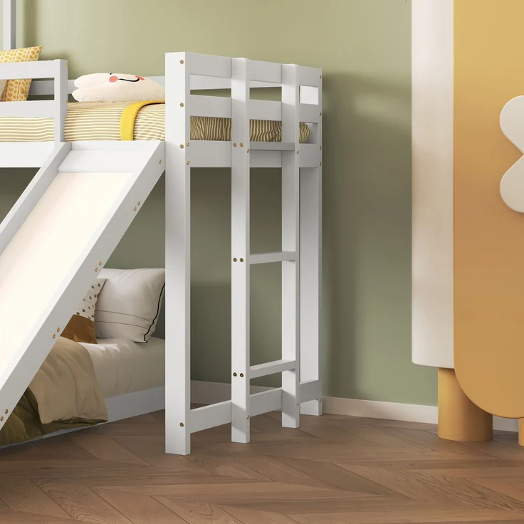 Etagenbett Kinderbett Hausbett mit Rutsche 90×200 & 140×200 cm weißes Kiefer-MDF Hochbett mit Leiter und Spielbereich – Bild 5
