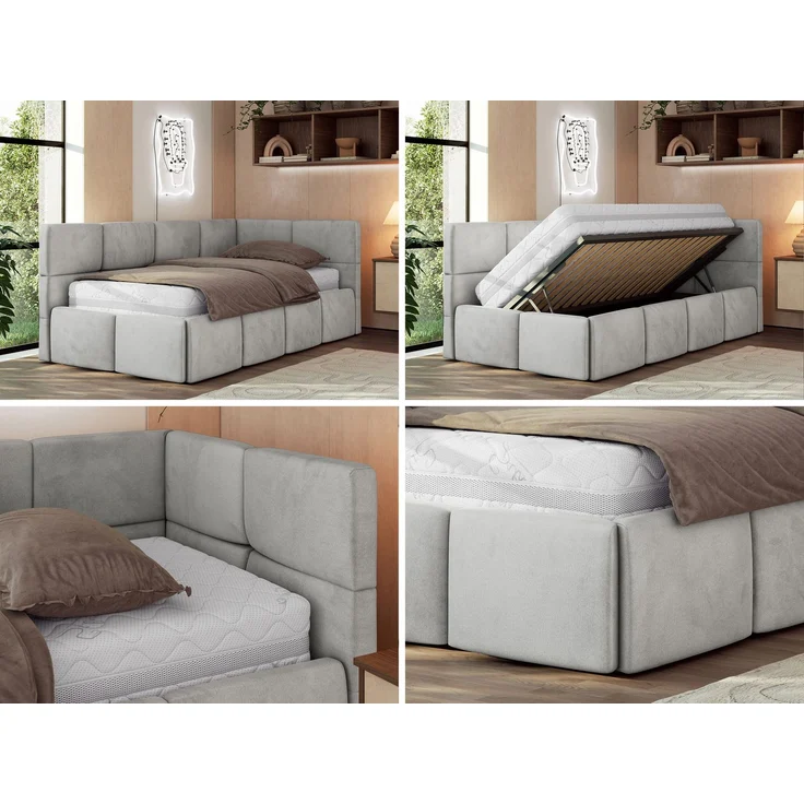Jugendbett 90x200 ARVO Polsterbett mit Bettkasten, Stauraum & Gasdruckfeder, Modernes Design mit Kopfteil, Pocket Matratze - Hellgrau Velvet - VIRE LUX - Rechts Seite – Bild 2