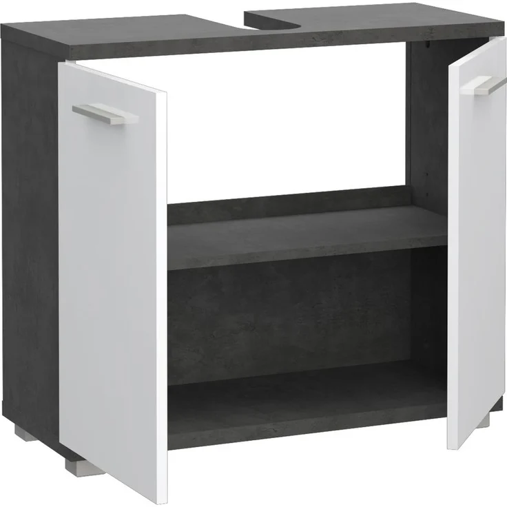 Waschbeckenunterschrank >CHAMP< 2 Türen, Betonoptik Dunkelgrau / Weiss Glanz - 69,9x62x28,9cm (B/H/T) – Bild 2