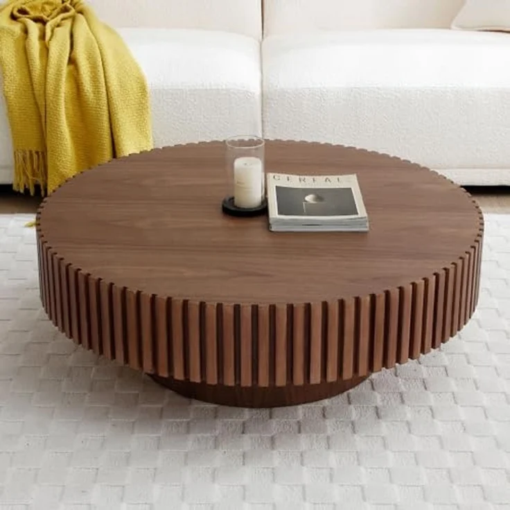 NJLyuhome Round Coffee Table with Grooved Edge, Solid Wood, 3 Colors (Walnut, Black, Natural) for Modern Living Room – Bild 4