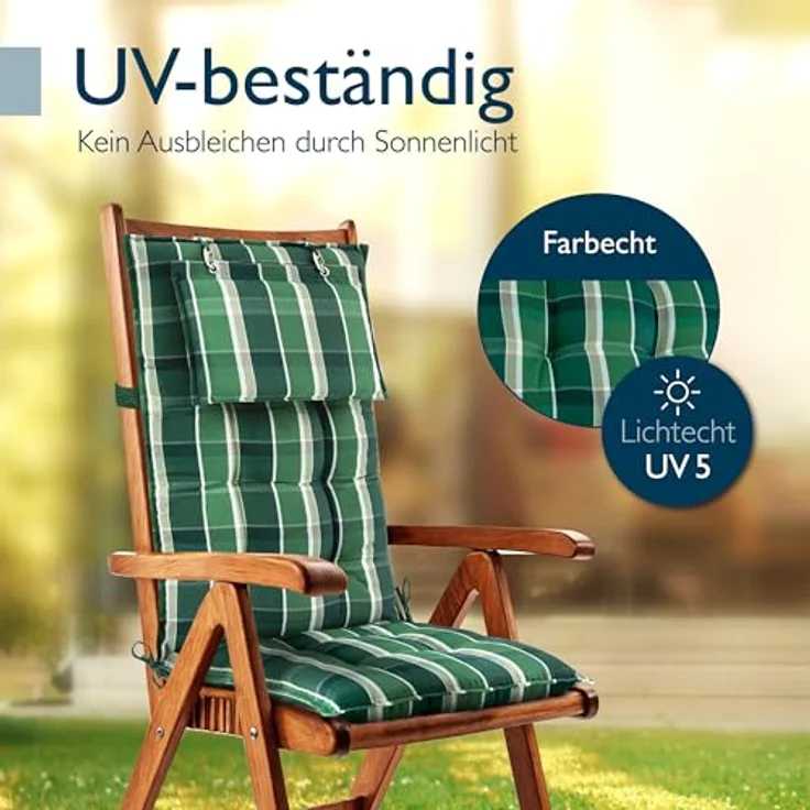 Beautissu Hochlehnerauflage 6er Set Sun-HL, 120x50x8 cm, Grün-Kariert, mit Kopfpolster, rutschfest, UV-Schutz 5, robust – Bild 7