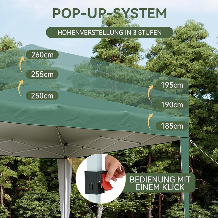 Aoxun Pop Up Pavillon 3x3 Wasserdicht, Metallrahmen-Schutzzelt, Höhe Verstellbar, 3mx3m Faltpavillon mit Tragetasche für Camping Party, Grün – Bild 5
