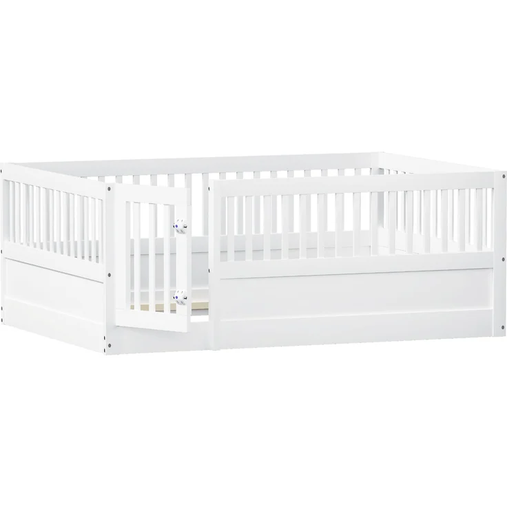 Kinder Bodenbett aus massivem Kiefernholz 140x200 cm mit Zaun & Tür,sicheres Spielbett,offenes Hausbett,Weiß – Bild 10