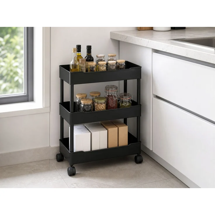 3-stufiger Rollwagen für Küche, Bad und Schlafzimmer, Schwarz, 40 x 20 x 20 cm – Bild 2