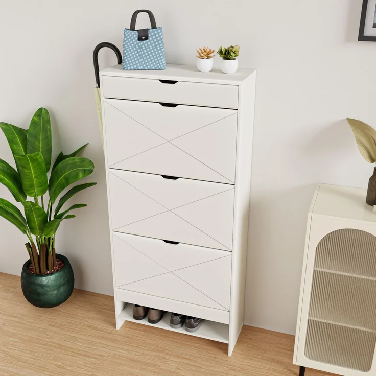 ZUBALIYA Schuhschrank (63 x 26 x 136,5 cm), 3 Schubladen, Aus MDF, Aufbewahrung für Schuhe, Hausschuhe und Schuhzubehör, Weiß – Bild 2