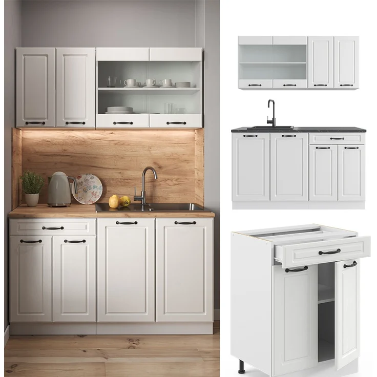 Singleküche R-Line Weiß Landhaus/Weiß 140 cm , AP Marmor Vicco – Bild 2