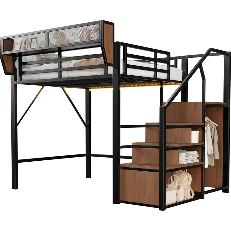 ZUBALIYA Hochbett 140 × 200 cm, Metall, LED-Beleuchtung, Leiter, Schwarz – Bild 16