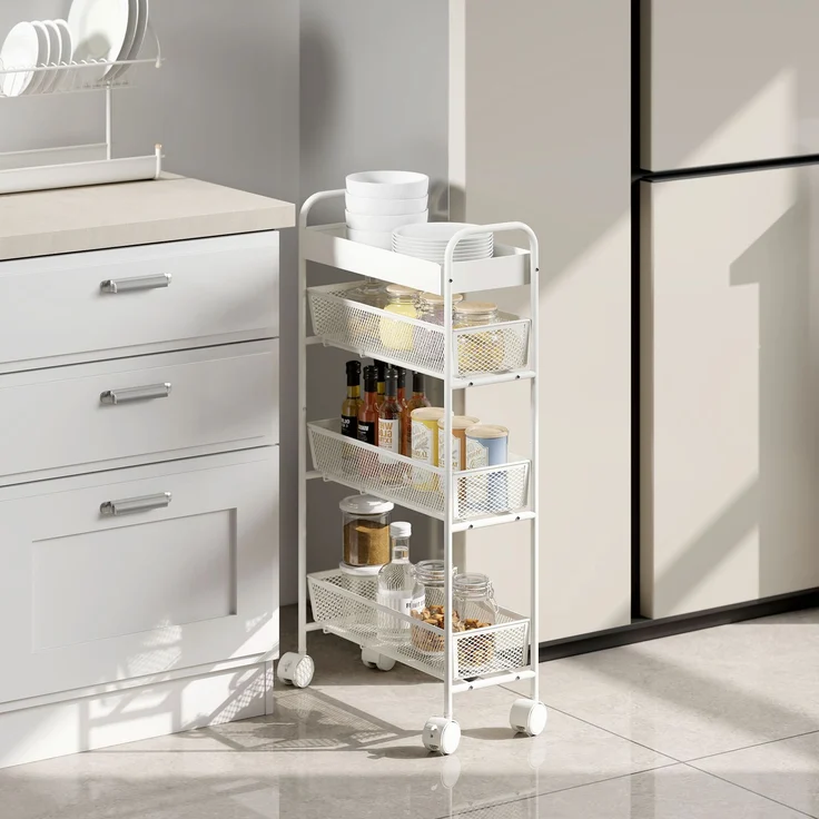 MELAYR, Küchenwagen aus Metall, 3 Körbe, schmales Design, 4 Räder, für Küche, Wohnzimmer, 43.2 x 19 x 80 cm, Weiß – Bild 4