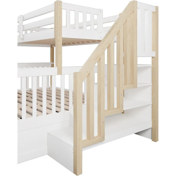 Etagenbett mit 2 Liegeflächen, Stauraum und Rausfallschutz, 90x200cm/140x200cm, Treppe mit Regal, Kinderbett, Jugendbett, Kiefer – Bild 10