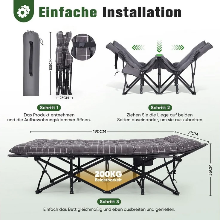 Sekey Feldbett 190cm x 71cm Campingbett Klappbar mit Matratze Gästebett Klappbett Tragbares Campingliege bis 200kg, Kariert, für Outdoor, Indoor, Reisen – Bild 4