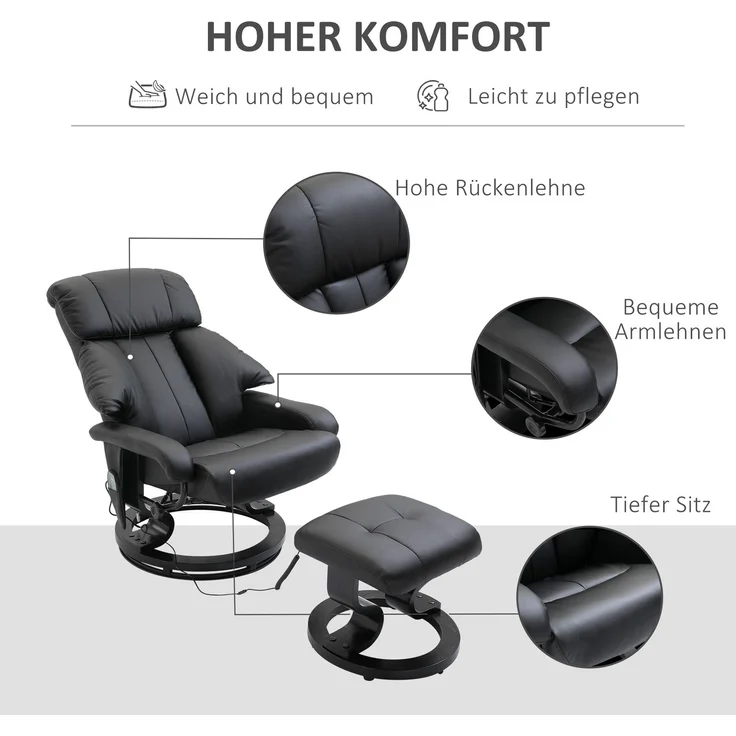 Rayofly-Massagesessel mit Fußhocker, 10 Vibrationspunkte, 145° verstellbare Rückenlehne, Schwarz, H 102 cm x T 76 cm x B 80 cm – Bild 8