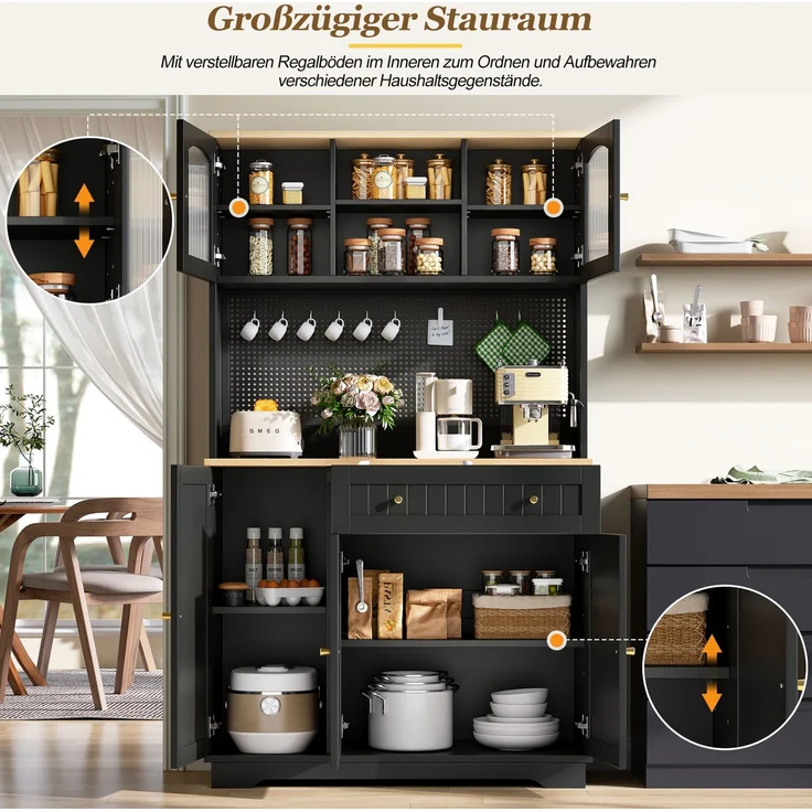 Vitrinenschrank mit Tür, Küchenschrank, Hochschrank, verstellbaren Einlegeböden, Lochblech,Schwarz , 103.5× 40 × 180 cm--Schwarz--103.5x40x180cm--YOUDENOVA – Bild 8