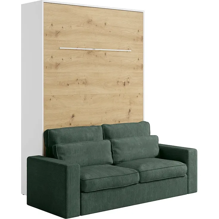 Vente-unique - Schrankbett 140 x 200 cm - Manuelle vertikale Öffnung - Mit LEDs - Weiß und Naturfarben + Matratze + Grünes Sofa - RAPILI – Bild 4