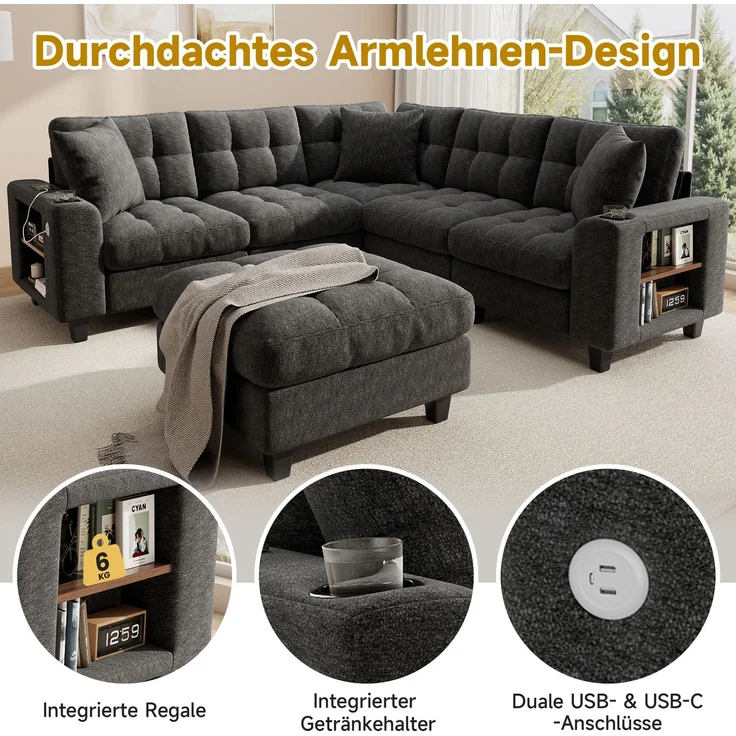 ZUBALIYA Modulare Wohnlandschaft, mit Stauraum, mit USB-C-Anschluss, modular kombinierbar, mit Getränkehaltern, mit Hocker, H 83 × T 216.5 × B 216.5 cm, Grau, Chenille – Bild 5