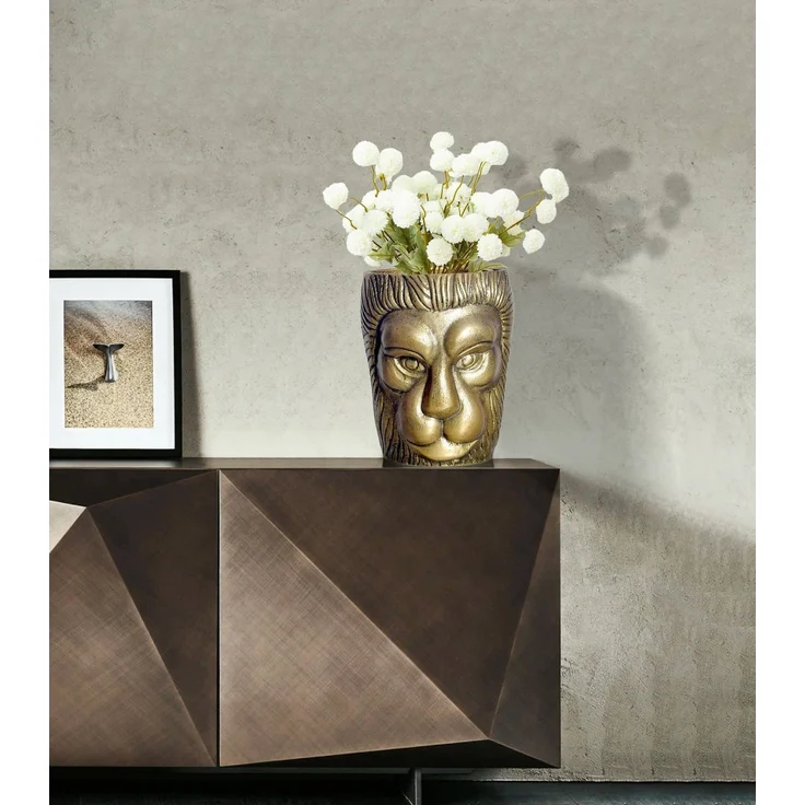 Deko Vase Löwenkopf 21 cm Aluminium Gold Blumenvase Modern Klein – Bild 3