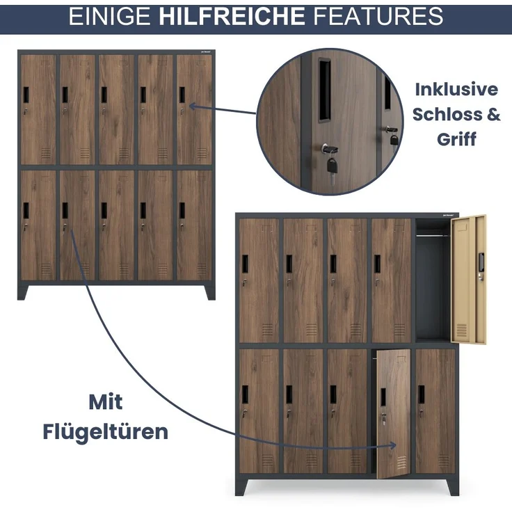 Umkleideschrank Spind BERLIN - 10 Abteile, Etikettenhalter Lüftungsschlitze | Umkleidespind Schließfachschrank Garderobenspind, 172x136x45cm Anthrazit-Nussbaum – Bild 5