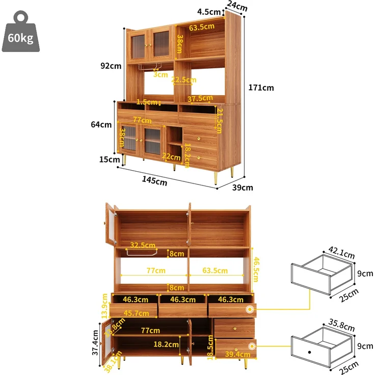 Restaurant-Hochschrank (145 x 39 x 171 cm), modernes und schlichtes Design, mit Changhong-Glastür, Weinglasregal, mehrschichtigem Stauraum, Holzstruktur und Golddekoration, geeignet für Restaurants--Walnussbraun--145x39x171cm--YOUDENOVA – Bild 4