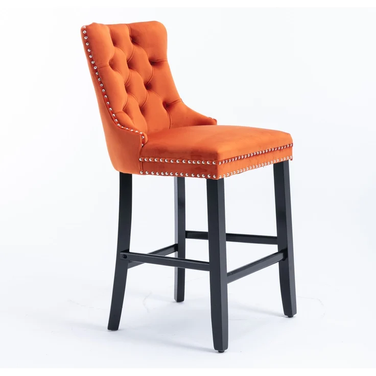 Contemporary Velvet Upholstered Barstools with Button Tufted Decoration and Wooden Legs, and Chrome Nailhead Trim, Leisure Style Bar Chairs,Bar stools, Set of 2 (Orange),DE2002OG--Orange--60x50x103cm--YOUDENOVA – Bild 6