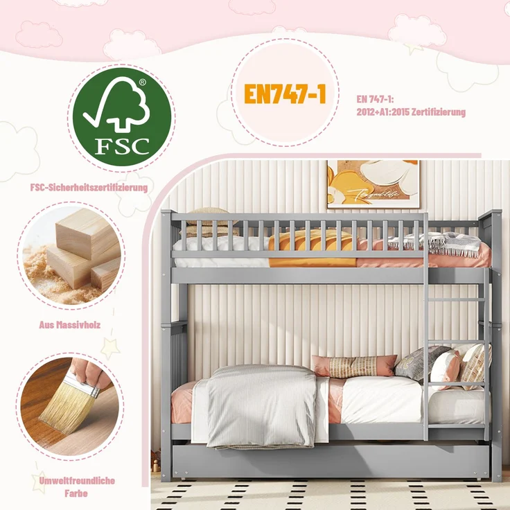 Etagenbett 90x200 cm mit Ausziehbett und Treppe, Kinderbett mit hoher Absturzsicherung,abnehmbares Massivholzbett mit stabilem Rahmen,Grau – Bild 6