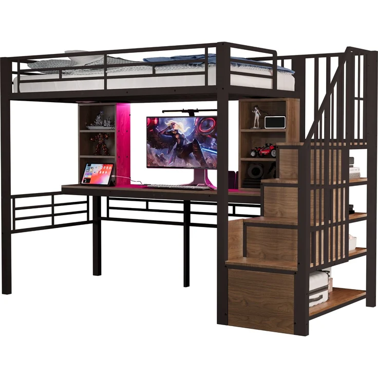 Merax Hochbett Kinderbett 90×200 cm, Jugendbett, Einzelbett mit Ablage, Schreibtisch, Steckdose und LED-Beleuchtung, Integrierter Stauraumtreppe (links/rechts montierbar), Schwarz – Bild 10