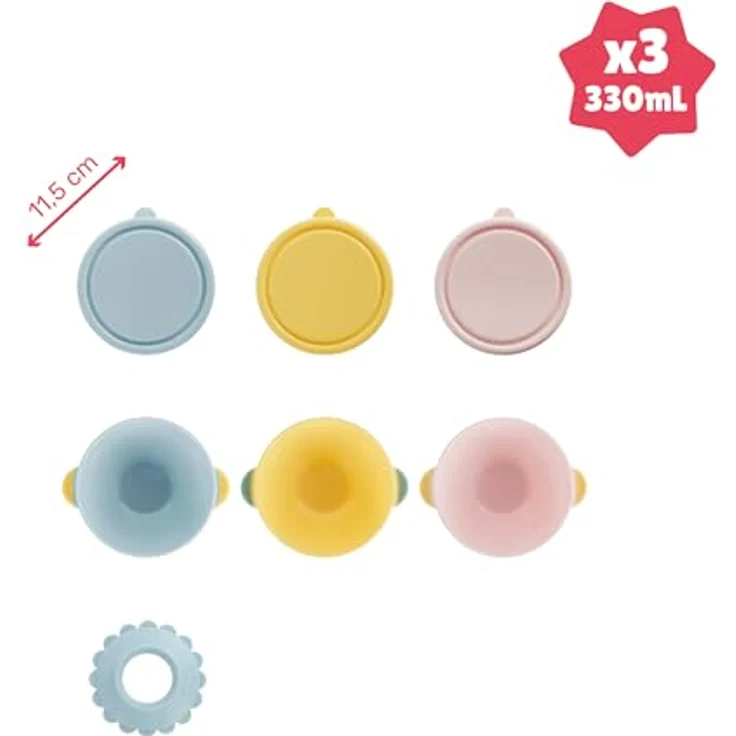 Badabulle Breischale 3er Pack mit Deckel & Saugnapf, 300 ml, BPA-frei, stapelbar, in verschiedenen Farben – Bild 5