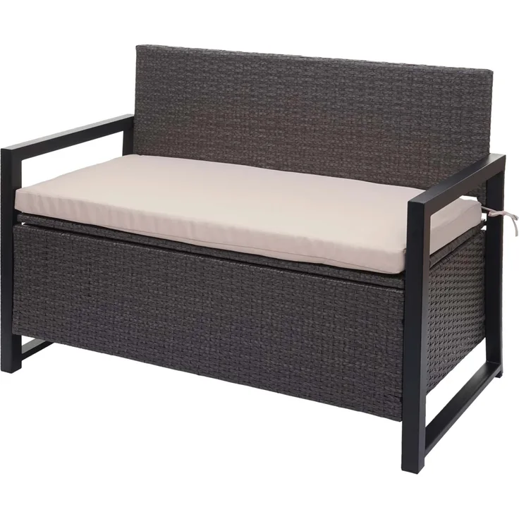 MCW Poly-Rattan 2er Sitzbank F39 in Grau, mit beigem Kissen und 150L Staufach