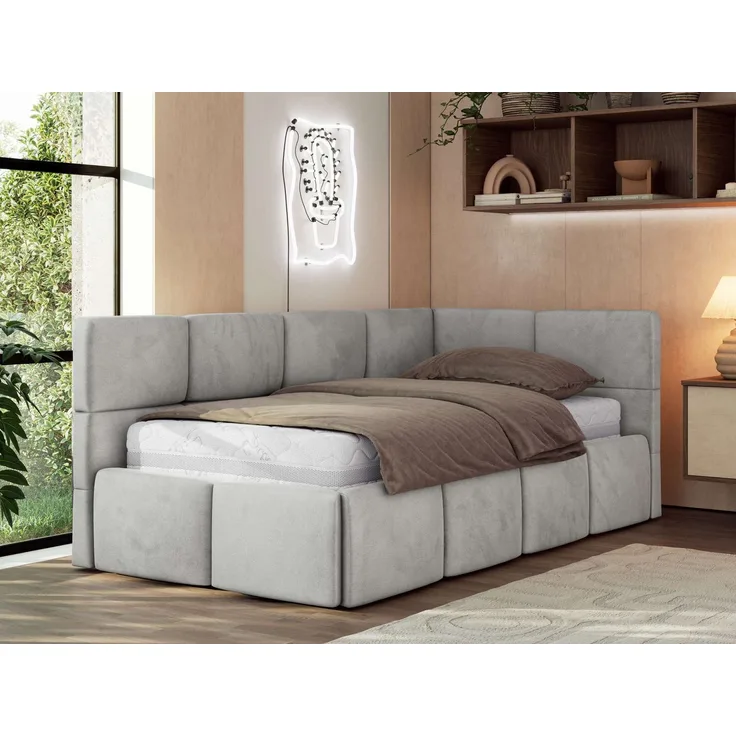 Jugendbett 90x200 ARVO Polsterbett mit Bettkasten, Stauraum & Gasdruckfeder, Modernes Design mit Kopfteil, Pocket Matratze - Hellgrau Velvet - VIRE LUX - Rechts Seite
