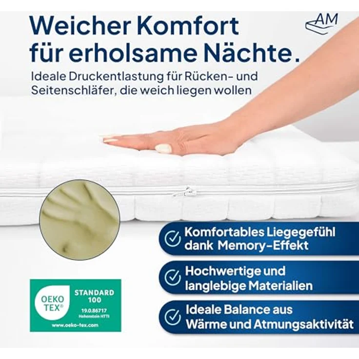 AM Qualitätsmatratzen Visco Topper 180x200cm, Memory Foam H2, Oeko-TEX zertifiziert, waschbarer Bezug, Made in Germany, druckentlastend und klimaregulierend – Bild 4