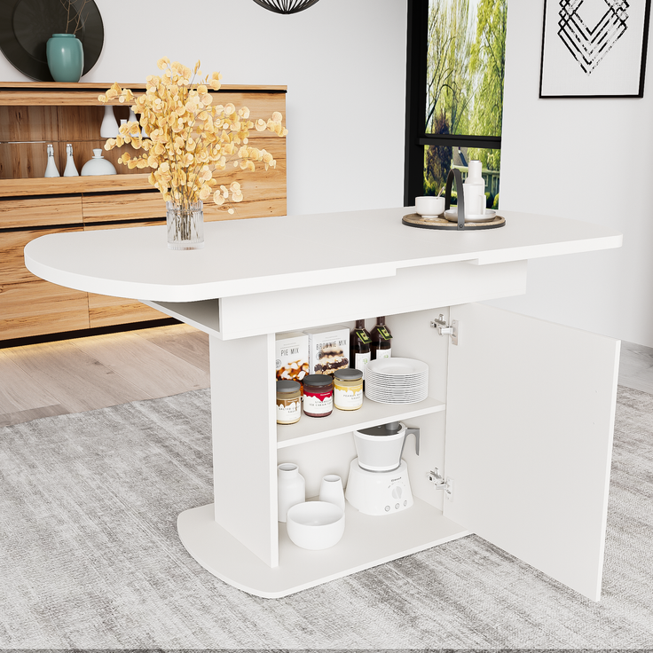 Ausziehbarer Esstisch mit Stauraum und silbernem Griff, 110/130x70x75 cm, Weiß – Bild 2
